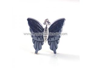 Hematite Butterfly Pendant Silver Cap 32mm